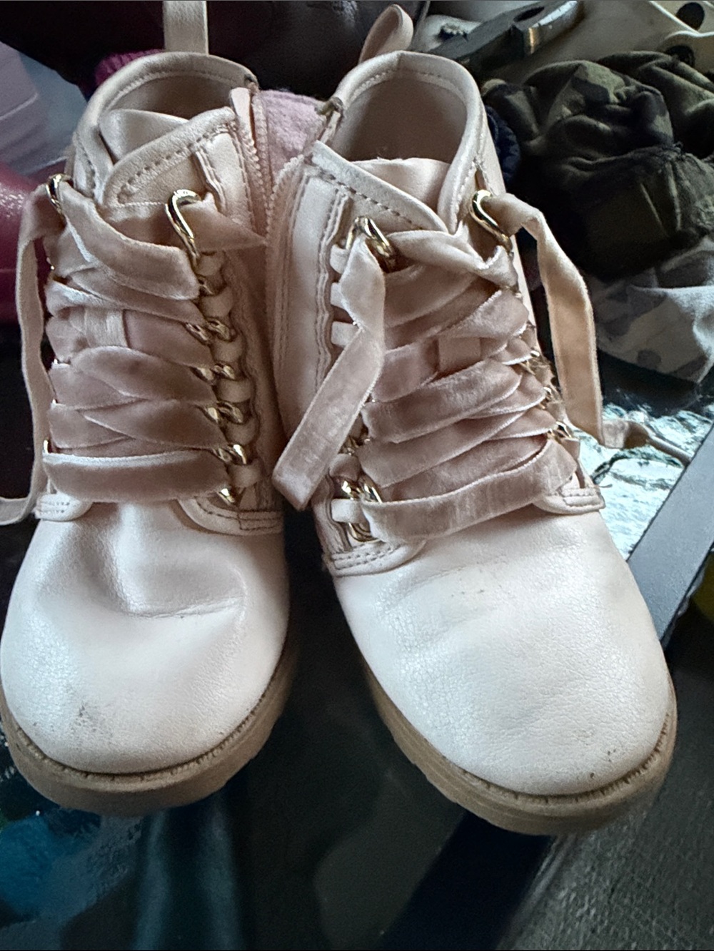 Kids Velvet Lace-Up Ankle Boots in Light Pink